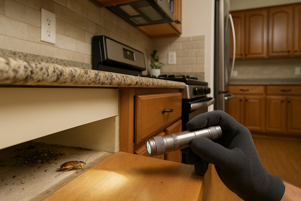 German roach inspection behind a kitchen range