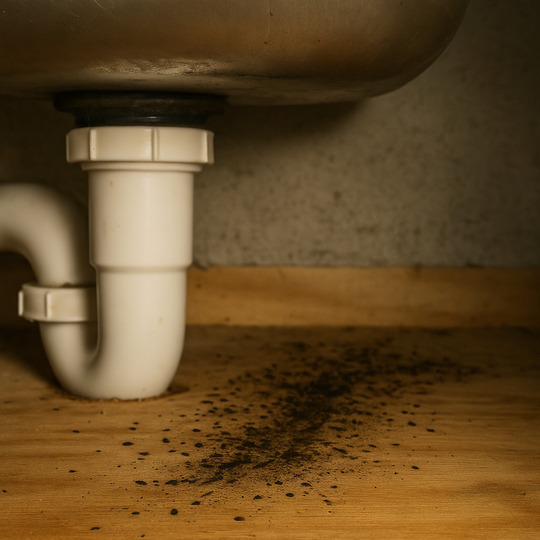 Pepper-like German roach droppings and smear marks under a sink