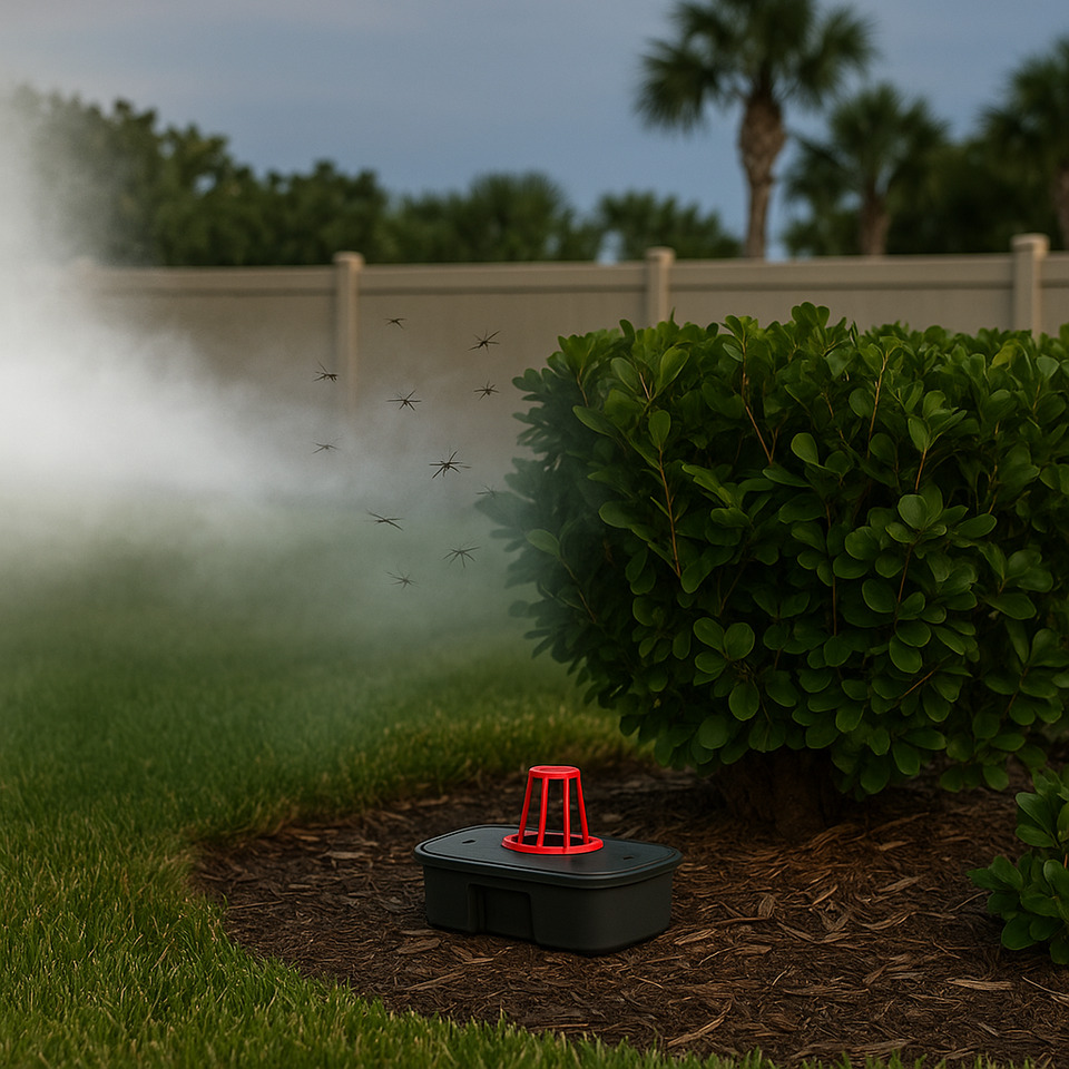 Mosquito fogging drifting through shrubs while a bait station sits under a hedge in a Cape Coral backyard