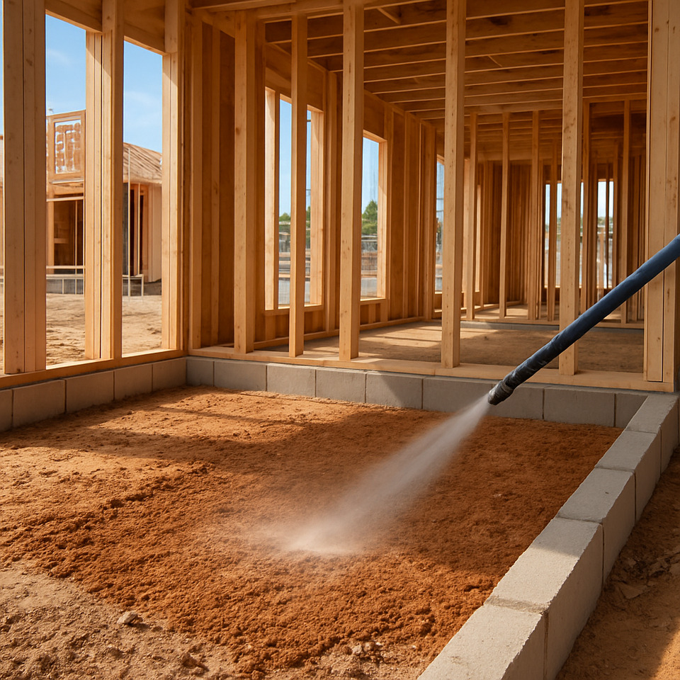 Soil pretreatment being applied across a new Florida slab foundation before pour